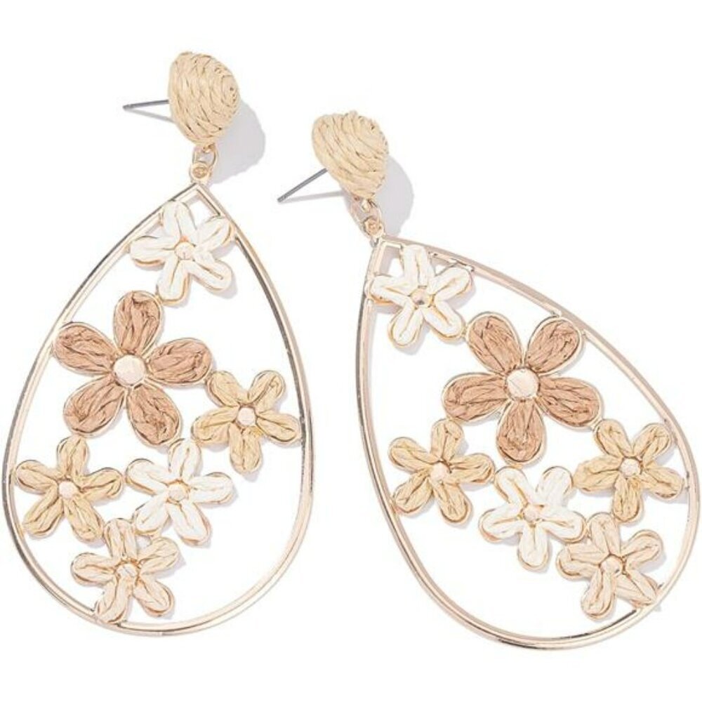 Boho flower teardrop raffia earrings floral dangle statement jewelry women